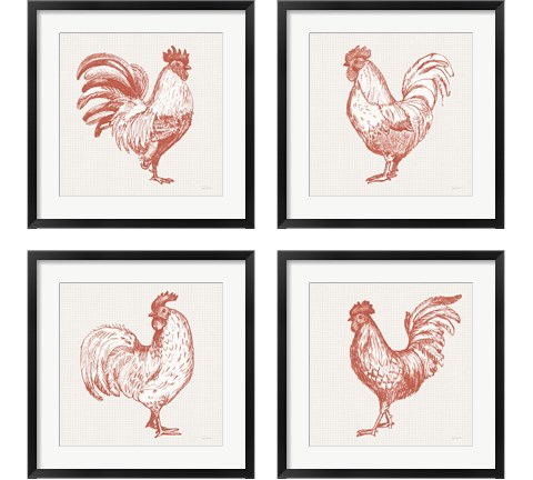 Cottage Rooster Red 4 Piece Framed Art Print Set by Sue Schlabach