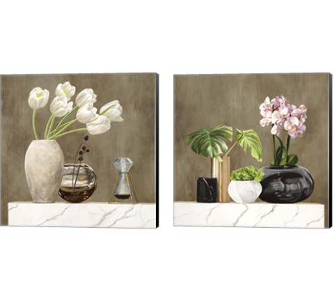 Floral Setting on White Marble 2 Piece Canvas Print Set by Jenny Thomlinson