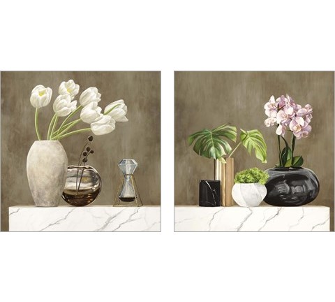 Floral Setting on White Marble 2 Piece Art Print Set by Jenny Thomlinson