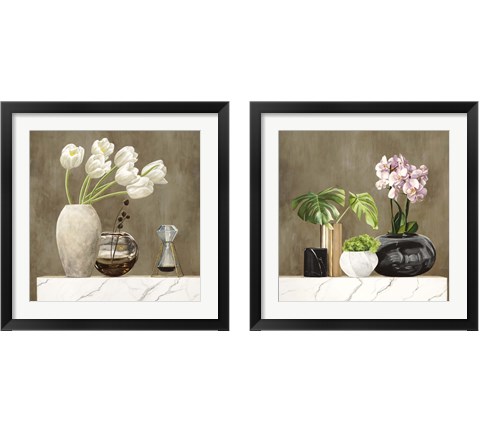 Floral Setting on White Marble 2 Piece Framed Art Print Set by Jenny Thomlinson