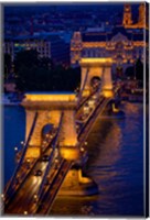 Framed Hungary, Budapest Chain Bridge Lit At Night