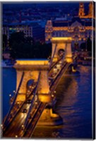 Framed Hungary, Budapest Chain Bridge Lit At Night