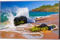 Framed Surf Crashing On Rocks At Secret Beach, Kauai, Hawaii