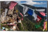 Framed Bhutan, Paro Prayer Flags Fluttering At The Cliff's Edge Across From Taktsang Monastery, Or Tiger's Nest