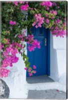 Framed Greece, Santorini A Picturesque Blue Door Is Surrounded By Pink Bougainvillea In Firostefani