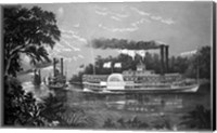 Framed Steamboats Rounding A Bend On Mississippi River Parting Salute Currier & Ives Lithograph 1866