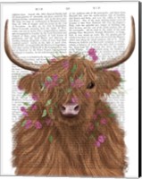 Framed Highland Cow 1, Pink Flowers Book Print