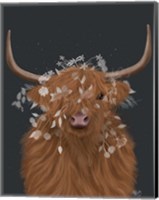 Framed Highland Cow 1, White Flowers