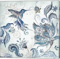 Framed Watercolor Boho Blue Hummingbird I