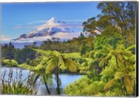 Framed Taranaki Mountain and Lake Mangamahoe, New Zealand