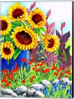 Framed Sunflowers in Blue Vase