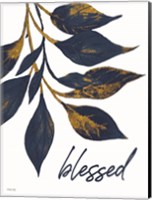 Framed Blessed Navy Gold Leaves