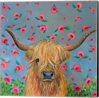 Framed Highland Cow with Flowers