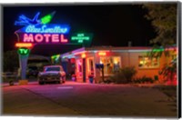 Framed Neon Blue Swallow Motel