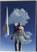 Framed Human Astronaut in Front of a Rocketship Taking Off