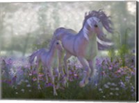 Framed Adult and Baby Unicorn in a Field of Flowers