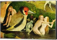 Framed Garden of Earthly Delights: Allegory of Luxury, central panel of triptych, detail of couple in the water and a bird, c.1500