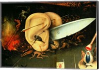 Framed Garden of Earthly Delights: Hell, right wing of triptych, detail of ears with a knife, c.1500