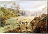 Framed 'Fortyniners' washing gold from the Calaveres River, California, 1858