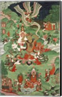 Framed Buddha cutting a tuft of hair, Tibetan temple banner