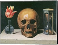 Framed Vanitas Still Life with a Tulip, Skull and Hour-Glass