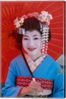 Framed Geisha in Blue with Orange Umbrella