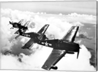 Framed High angle view of four fighter planes flying in formation, F6F Hellcat