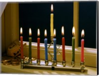Framed Close-up of a menorah with burning candles and a Star of David