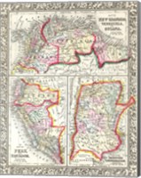 Framed 1860 Mitchell's Map of Peru, Ecuador, Venezuela, Columbia and Argentina