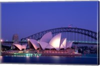 Framed Opera house lit up at dusk, Sydney Opera House, Sydney Harbor Bridge, Sydney, Australia