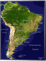 Framed South America - Satellite Orthographic Political Map