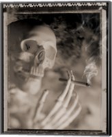 Framed Side profile of a skeleton holding a cigarette