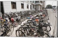 Framed Bicycles parked outside a building, Beijing, China