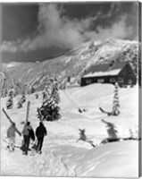 Framed USA, Washington state, three people carrying their skis