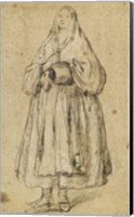 Framed Standing Woman Holding a Muff and Shawl