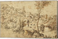 Framed Landscape with Shepherds by a River and a Town Beyond