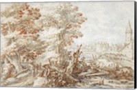 Framed Wooded Landscape with Travelers by a Stream, a Town Beyond