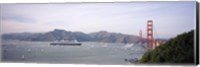 Framed Cruise ship approaching a suspension bridge, RMS Queen Mary 2, Golden Gate Bridge, San Francisco, California, USA