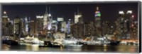 Framed Buildings in a city lit up at night, Hudson River, Midtown Manhattan, Manhattan, New York City, New York State, USA