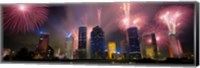 Framed Fireworks Over Buildings In Houston, Texas