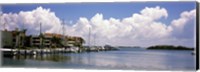 Framed Boats docked in a bay, Cabbage Key, Sunshine Skyway Bridge in Distance, Tampa Bay, Florida, USA