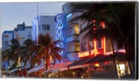 Framed Hotels lit up at dusk in a city, Miami, Miami-Dade County, Florida, USA