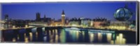 Framed Buildings lit up at dusk, Big Ben, Houses Of Parliament, Thames River, London, England