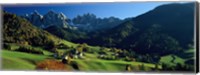 Framed Buildings on a landscape, Dolomites, Funes Valley, Le Odle, Santa Maddalena, Tyrol, Italy