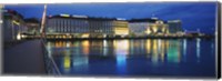 Framed Buildings lit up at night, Geneva, Switzerland