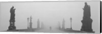 Framed Statues and lampposts on a bridge, Charles Bridge, Prague, Czech Republic (black and white)