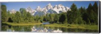 Framed Reflection of a snowcapped mountain in water, Near Schwabachers Landing, Grand Teton National Park, Wyoming, USA