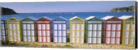 Framed Beach huts in a row on the beach, Catalonia, Spain