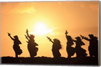 Framed Silhouette of hula dancers at sunrise, Molokai, Hawaii, USA