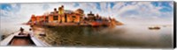 Framed Buildings at riverbank viewed from a boat, Ganges River, Varanasi, Uttar Pradesh, India
